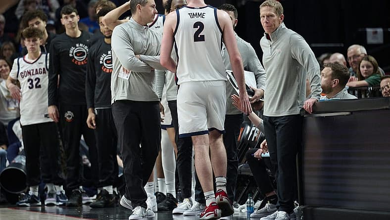 Nov 25, 2022; Portland, Oregon, USA; Gonzaga Bulldogs forward Drew Timme (2) walks to the bench during the second half against the Purdue Boilermakers at Moda Center. Purdue won the game 84-66. Mandatory Credit: Troy Wayrynen-USA TODAY Sports