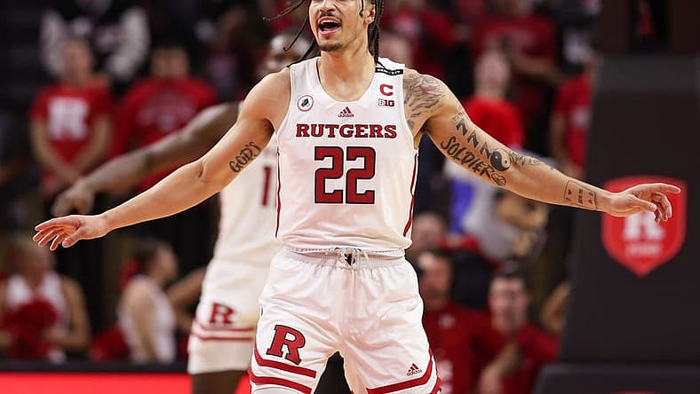 Nov 26, 2022; Piscataway, New Jersey, USA; Rutgers Scarlet Knights guard Caleb McConnell (22) sets back on defense during the second half against the Central Connecticut State Blue Devils at Jersey Mike's Arena. Mandatory Credit: Vincent Carchietta-USA TODAY Sports