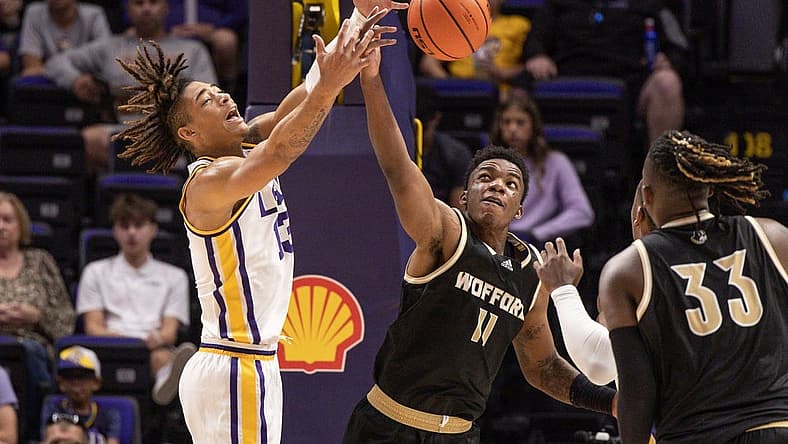 Nov 27, 2022; Baton Rouge, Louisiana, USA;  Wofford Terriers forward Amarri Tice (11) steals the ball from LSU Tigers forward Jalen Reed (13) during the first half at Pete Maravich Assembly Center. Mandatory Credit: Stephen Lew-USA TODAY Sports