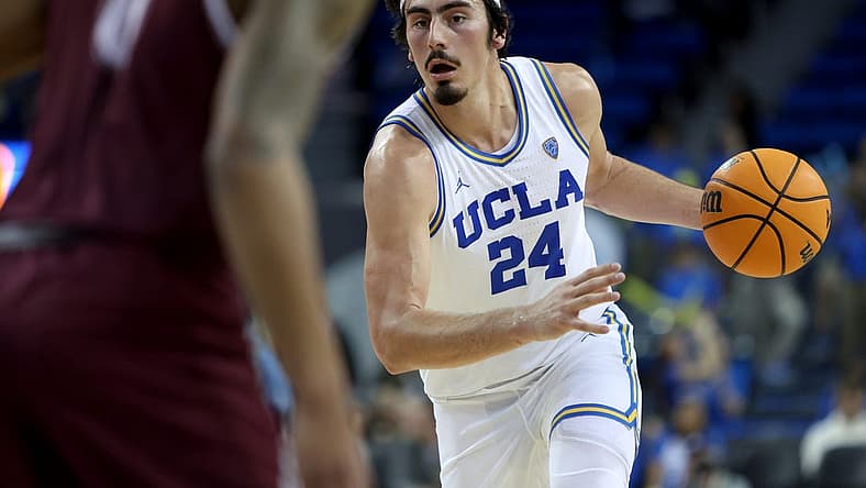Nov 27, 2022; Los Angeles, California, USA; UCLA Bruins guard Jaime Jaquez Jr. (24) dribbles a ball during the second half against the Bellarmine Knights at Pauley Pavilion presented by Wescom. Mandatory Credit: Kiyoshi Mio-USA TODAY Sports