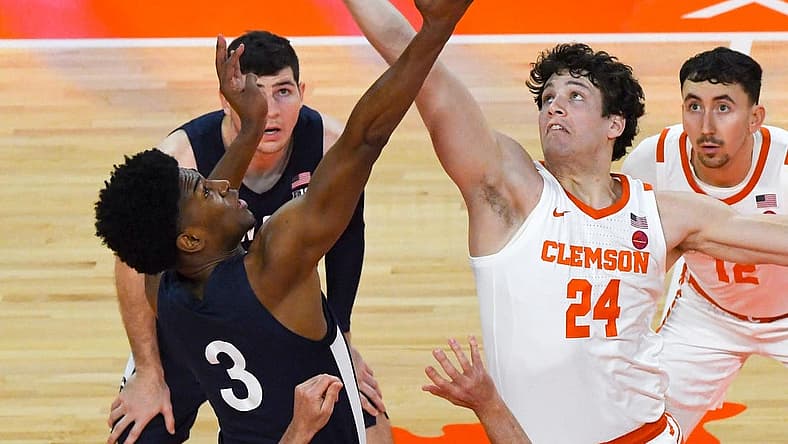 Clemson sophomore forward PJ Hall (24) tips off with Penn State forward Kebba Njie (3) during the first half at Littlejohn Coliseum Tuesday, November 29, 2022.
Clemson Basketball Vs Penn State University Acc Big 10 Challenge