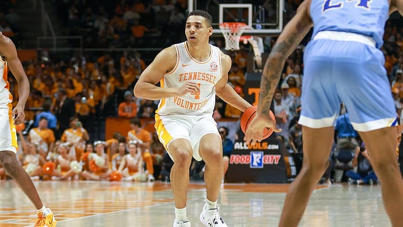 Nov 30, 2022; Knoxville, Tennessee, USA; Tennessee Volunteers guard Tyreke Key (4) brings the ball up court against the McNeese State Cowboys at Thompson-Boling Arena. Mandatory Credit: Randy Sartin-USA TODAY Sports