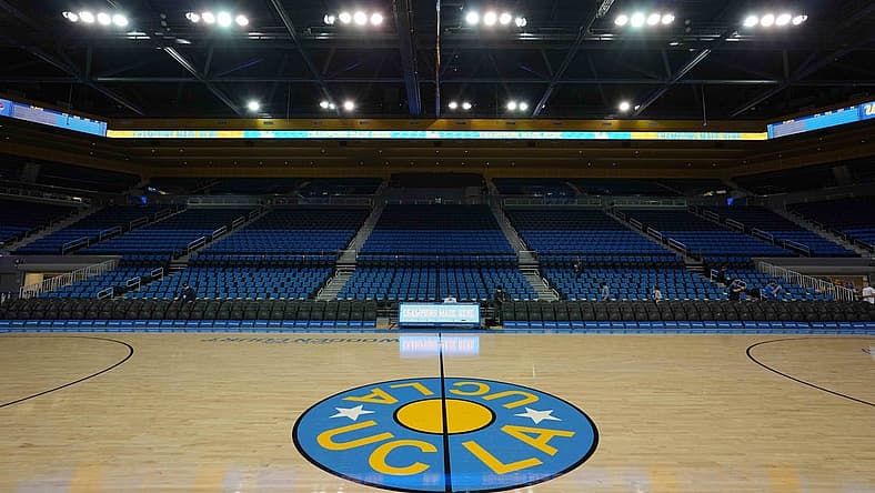 Nov 4, 2021; Los Angeles, CA, USA; A general overall view of the UCLA Bruins logo at Pauley Pavilion. Mandatory Credit: Kirby Lee-USA TODAY Sports