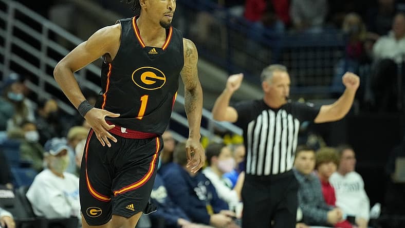 Dec 4, 2021; Storrs, Connecticut, USA; Grambling State Tigers guard Cam Christon (1) reacts after his three point basket against the Connecticut Huskies in the first half at Harry A. Gampel Pavilion. Mandatory Credit: David Butler II-USA TODAY Sports