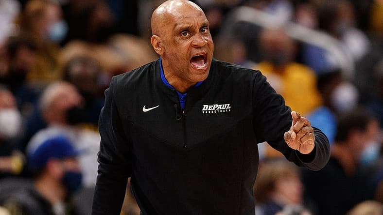 Jan 11, 2022; Milwaukee, Wisconsin, USA; DePaul Blue Demons head coach Tony Stubblefield calls out during the first half against the Marquette Golden Eagles at Fiserv Forum. Mandatory Credit: Jeff Hanisch-USA TODAY Sports