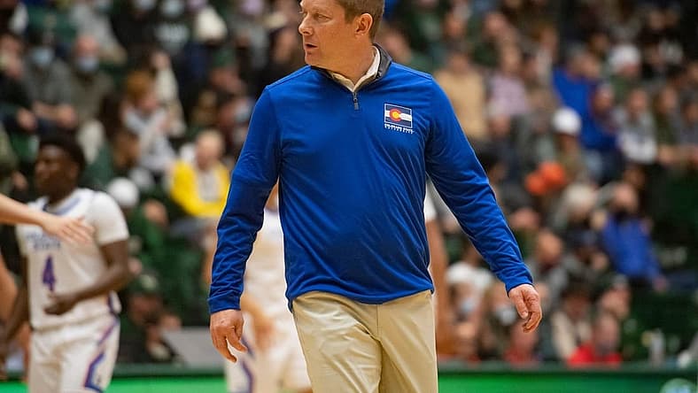 Colorado State men's basketball head coach Niko Medved looks toward his staff during a timeout of a game against New Mexico at Moby Arena in Fort Collins, Colorado on Wednesday, Jan. 19, 2022. The Rams defeated the Lobos 80-74.

Ftc 0119 Ja Csu Unm Mens Bball 046