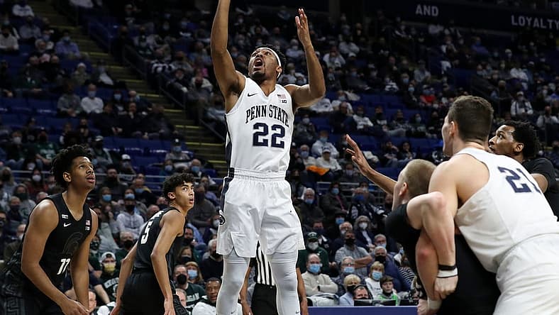 Feb 15, 2022; University Park, Pennsylvania, USA; Penn State Nittany Lions guard Jalen Pickett (22) shoots the ball during the first half against the Michigan State Spartans at Bryce Jordan Center. Penn State defeated Michigan State 62-58. Mandatory Credit: Matthew OHaren-USA TODAY Sports