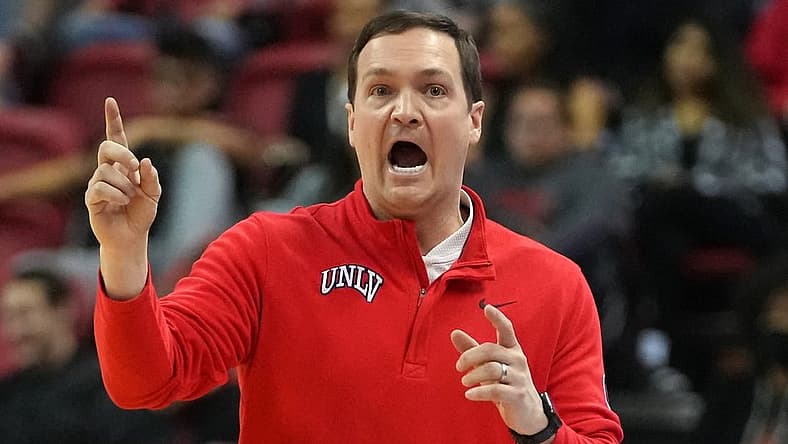 Feb 19, 2022; Las Vegas, Nevada, USA; UNLV Runnin' Rebels head coach Kevin Kruger during the second half against the Colorado State Rams at Thomas & Mack Center. Mandatory Credit: Stephen R. Sylvanie-USA TODAY Sports
