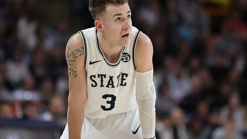 Feb 26, 2022; Logan, Utah, USA; Utah State Aggies guard Steven Ashworth (3) reacts to a play in the second half against the Colorado State Rams at Dee Glen Smith Spectrum. Mandatory Credit: Rob Gray-USA TODAY Sports