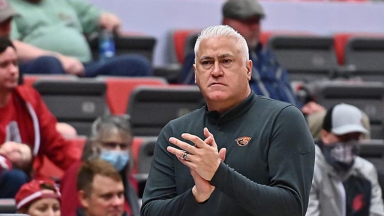Mar 3, 2022; Pullman, Washington, USA; Oregon State Beavers head coach Wayne Tinkle looks on against the Washington State Cougars in the first half at Friel Court at Beasley Coliseum. Mandatory Credit: James Snook-USA TODAY Sports