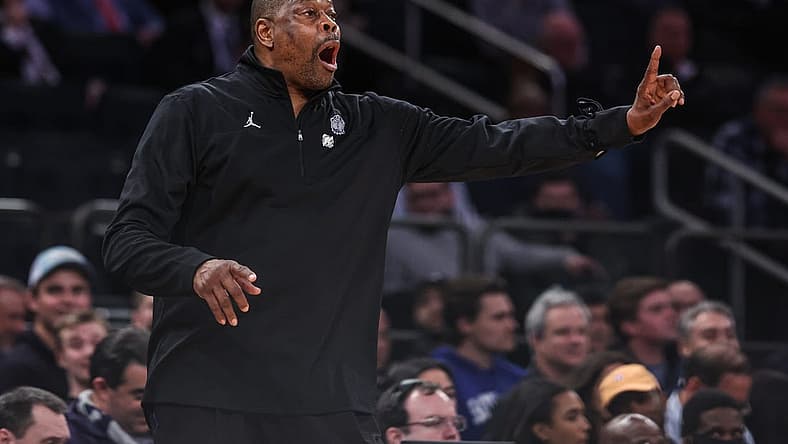 Mar 9, 2022; New York, NY, USA; Georgetown Hoyas head coach Patrick Ewing coaches during the first half during the Big East Conference Tournament against the Seton Hall Pirates at Madison Square Garden. Mandatory Credit: Vincent Carchietta-USA TODAY Sports