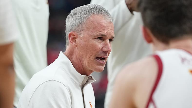 Mar 10, 2022; Las Vegas, NV, USA; USC Trojans head coach Andy Enfield is pictured in a game against the Washington Huskies during the second half at T-Mobile Arena. Mandatory Credit: Stephen R. Sylvanie-USA TODAY Sports
