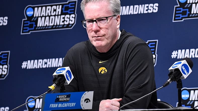Mar 16, 2022; Buffalo, NY, USA; Iowa Hawkeyes head coach Fran McCafferey speaks to the press before a practice session prior to the first round of the 2022 NCAA Tournament at KeyBank Center. Mandatory Credit: Mark Konezny-USA TODAY Sports