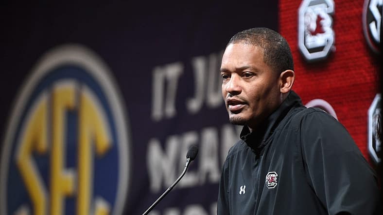 Oct 19, 2022; Mountain Brook, AL, USA; South Carolina head coach Lamont Paris speaks during the SEC Tip Off 2022-23 Men's Basketball Media Day in Mountain Brook Wednesday, Oct. 19, 2022 at Grand Bohemian Hotel.

Basketball Sec Men S Basketball Media Day