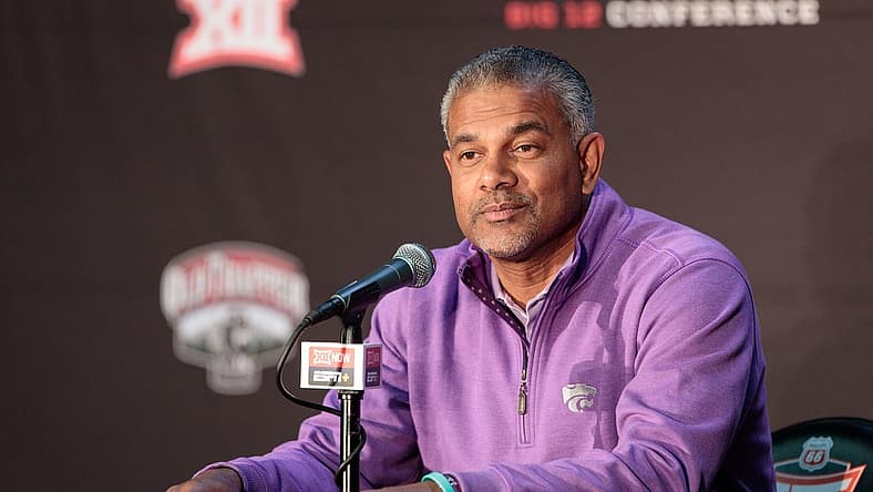 Oct 19, 2022; Kansas City, Missouri, US; Kansas State Wildcats coach Jerome Tang is interviewed during the mens Big 12 Basketball Tipoff media day at T-Mobile Center. Mandatory Credit: William Purnell-USA TODAY Sports