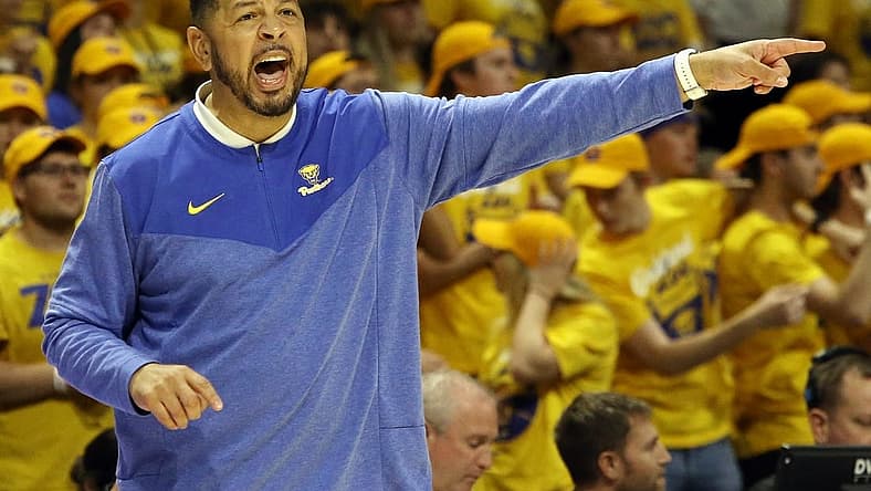 Nov 7, 2022; Pittsburgh, Pennsylvania, USA; Pittsburgh Panthers head coach Jeff Capel reacts on the sidelines against the Tennessee-Martin Skyhawks during the first half at the Petersen Events Center. Mandatory Credit: Charles LeClaire-USA TODAY Sports