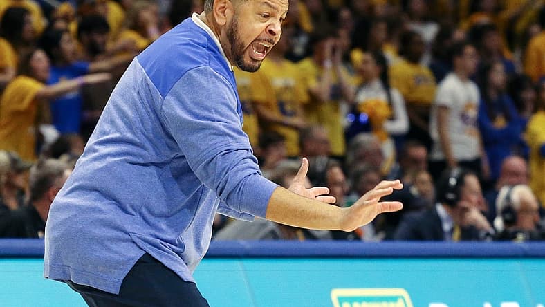 Nov 11, 2022; Pittsburgh, Pennsylvania, USA; Pittsburgh Panthers head coach Jeff Capel reacts against the West Virginia Mountaineers during the first half at the Petersen Events Center. West Virginia won 81-56. Mandatory Credit: Charles LeClaire-USA TODAY Sports