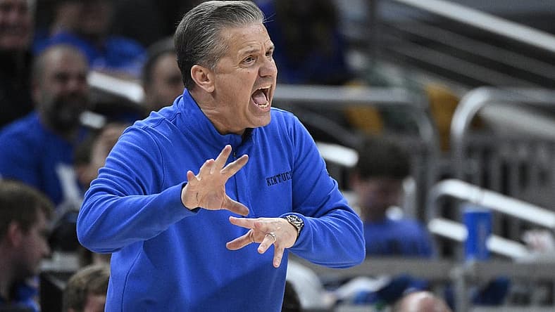 Nov 15, 2022; Indianapolis, Indiana, USA; Kentucky Wildcats head coach John Calipari reacts during the first overtime period against the Michigan State Spartans at Gainbridge Fieldhouse. Spartans defeat the Wildcats 86 to 77 in double overtime. Mandatory Credit: Marc Lebryk-USA TODAY Sports