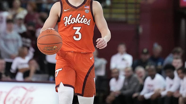 Nov 20, 2022; Charleston, South Carolina, USA; Virginia Tech Hokies guard Sean Pedulla (3) brings the ball up court in the first half against the Charleston Cougars at TD Arena. Mandatory Credit: David Yeazell-USA TODAY Sports