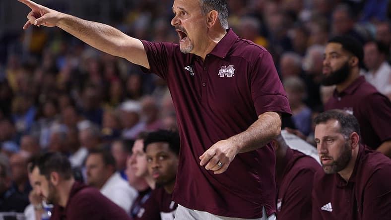 Nov 21, 2022; Fort Myers, Florida, USA; Mississippi State Bulldogs head coach Chris Jans directs his team against the Marquette Golden Eagles in the first half during the Fort Myers Tip-off at Suncoast Credit Union Arena. Mandatory Credit: Nathan Ray Seebeck-USA TODAY Sports