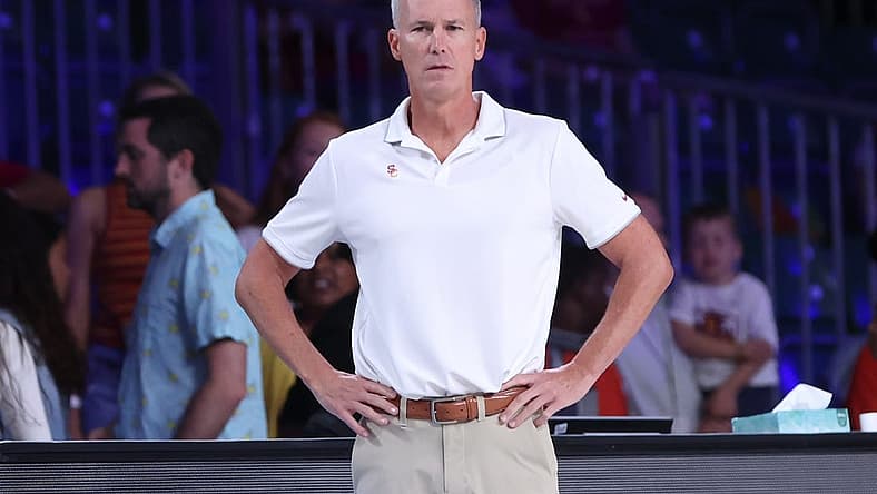 Nov 23, 2022; Paradise Island, BAHAMAS; USC Trojans head coach Andy Enfield reacts during the first half against the Brigham Young Cougars at Imperial Arena. Mandatory Credit: Kevin Jairaj-USA TODAY Sports