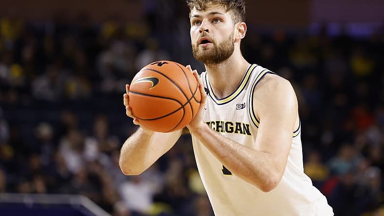 Nov 23, 2022; Ann Arbor, Michigan, USA;  Michigan Wolverines center Hunter Dickinson (1) takes a free throw in the first half against the Jackson State Tigers at Crisler Center. Mandatory Credit: Rick Osentoski-USA TODAY Sports