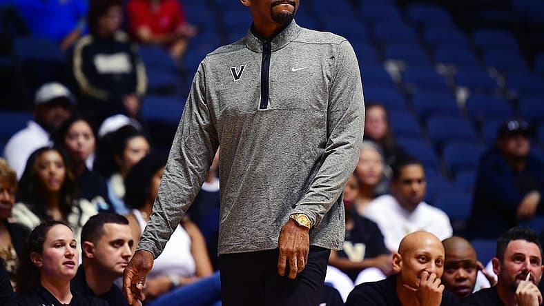 Nov 24, 2022; Anaheim, California, USA; Vanderbilt Commodores head coach Jerry Stackhouse watches game action against the Fresno State Bulldogs during the first half at Anaheim Convention Center. Mandatory Credit: Gary A. Vasquez-USA TODAY Sports