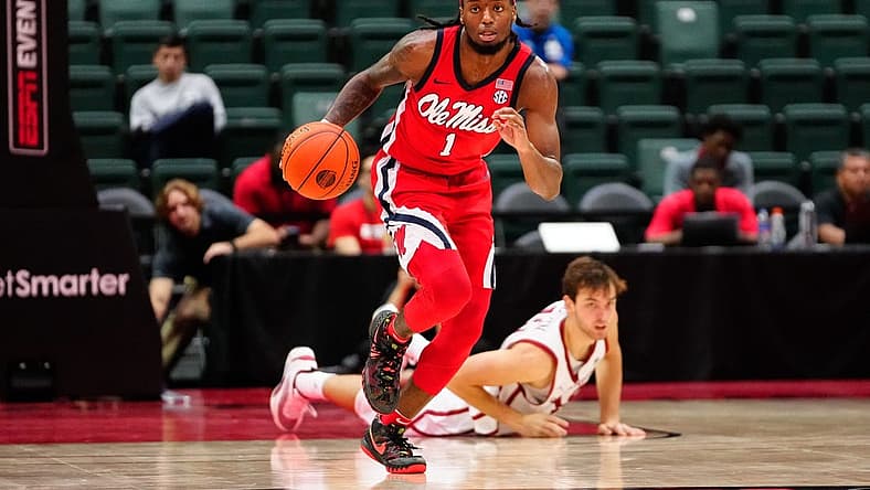 Nov 27, 2022; Orlando, FL, USA; Mississippi Rebels guard Amaree Abram (1) dribbles the ball up the court against the Oklahoma Sooners during the second half at ESPN Wide World of Sports. Mandatory Credit: Rich Storry-USA TODAY Sports