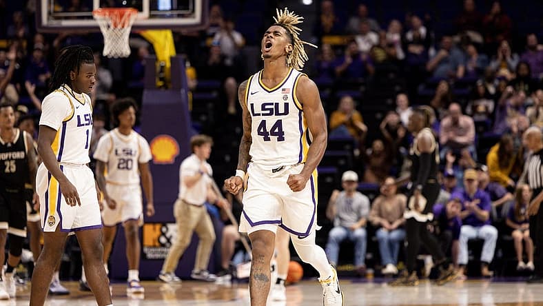 Nov 27, 2022; Baton Rouge, Louisiana, USA; LSU Tigers guard Adam Miller (44) reacts to making a three point basket in the final minute against the Wofford Terriers during the second half at Pete Maravich Assembly Center. Mandatory Credit: Stephen Lew-USA TODAY Sports