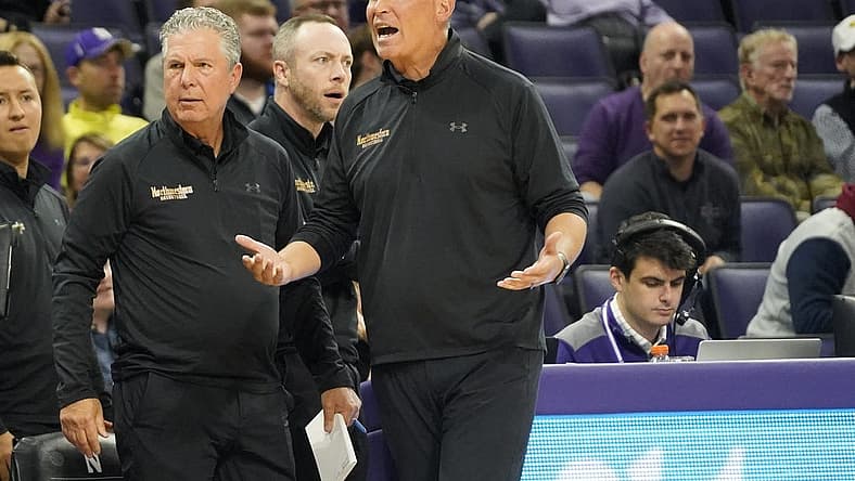 Nov 28, 2022; Evanston, Illinois, USA; Northwestern Wildcats head coach Chris Collins questions a call during the first half at Welsh-Ryan Arena. Mandatory Credit: David Banks-USA TODAY Sports