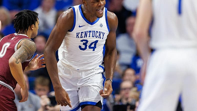 Nov 29, 2022; Lexington, Kentucky, USA; Kentucky Wildcats forward Oscar Tshiebwe (34) celebrates a basket during the first half against the Bellarmine Knights at Rupp Arena at Central Bank Center. Mandatory Credit: Jordan Prather-USA TODAY Sports