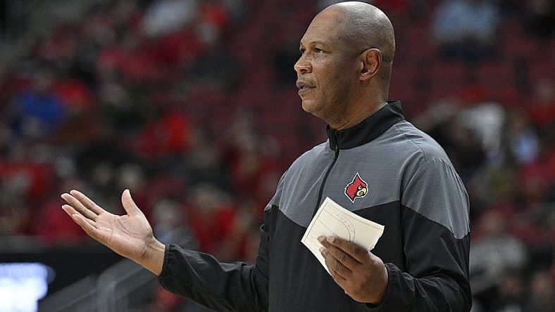 Nov 29, 2022; Louisville, Kentucky, USA;  Louisville Cardinals head coach Kenny Payne reacts during the second half against the Maryland Terrapins at KFC Yum! Center. Maryland defeated Louisville 79-54. Mandatory Credit: Jamie Rhodes-USA TODAY Sports