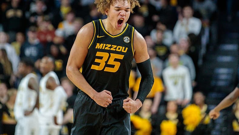 Nov 29, 2022; Wichita, Kansas, USA; Missouri Tigers forward Noah Carter (35) reacts after an overtime victory against against the Wichita State Shockers at Charles Koch Arena. Mandatory Credit: William Purnell-USA TODAY Sports