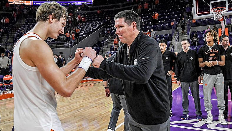 Clemson forward Hunter Tyson (5) and Clemson Head Coach Brad Brownell celebrate after the 101-94 two overtime win over Penn State University at Littlejohn Coliseum Tuesday, November 29, 2022.
Clemson Basketball Vs Penn State University Acc Big 10 Challenge