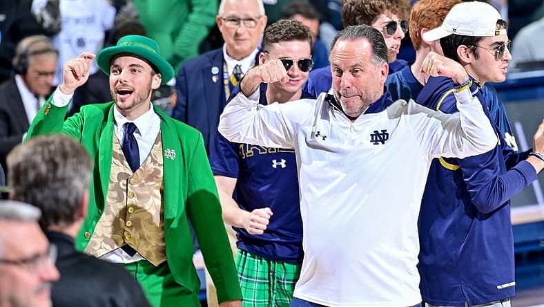 Nov 30, 2022; South Bend, Indiana, USA; Notre Dame Fighting Irish head coach Mike Brey reacts after Notre Dame defeated the Michigan State Spartans 70-52 at the Purcell Pavilion. Mandatory Credit: Matt Cashore-USA TODAY Sports