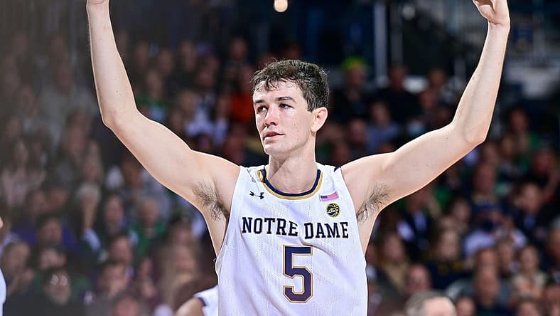 Nov 30, 2022; South Bend, Indiana, USA; Notre Dame Fighting Irish guard Cormac Ryan (5) gestures in the second half against the Michigan State Spartans at the Purcell Pavilion. Mandatory Credit: Matt Cashore-USA TODAY Sports