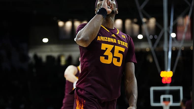 Dec 1, 2022; Boulder, Colorado, USA; Arizona State Sun Devils guard Devan Cambridge (35) celebrates defeating the Colorado Buffaloes at the CU Events Center. Mandatory Credit: Ron Chenoy-USA TODAY Sports