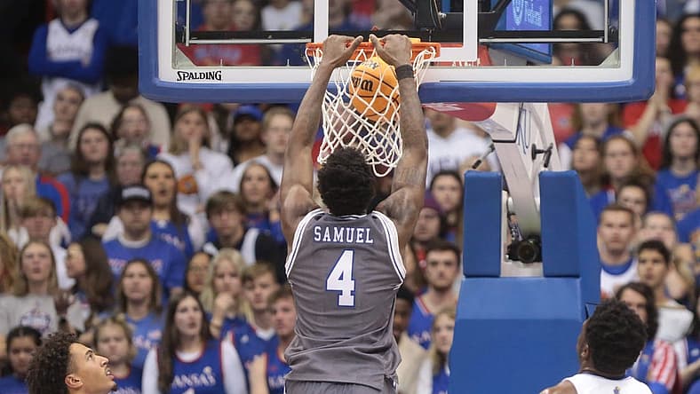 Seton Hall forward Tyrese Samuel (4) dunks over Kansas during the second half of Thursday's game inside Allen Fieldhouse.