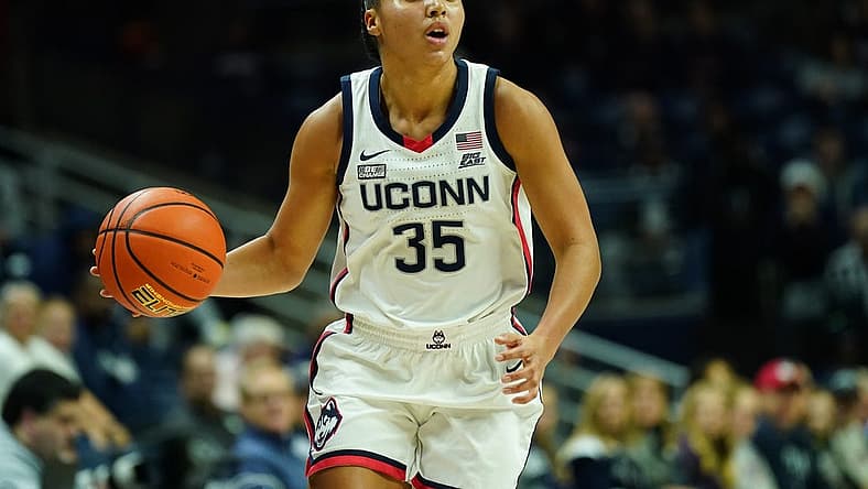 Dec 2, 2022; Storrs, Connecticut, USA; UConn Huskies guard Azzi Fudd (35) returns the ball again st the Providence Friars in the first half at Harry A. Gampel Pavilion. Mandatory Credit: David Butler II-USA TODAY Sports