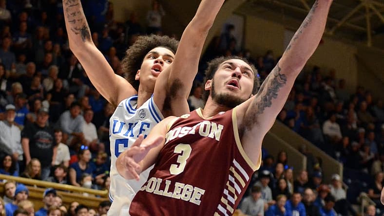 Dec 3, 2022; Durham, North Carolina, USA;Boston College Eagles guard Jaeden Zackery (3) shoots in front of Duke Blue Devils guard Tyrese Proctor(5) during the first half at Cameron Indoor Stadium. Mandatory Credit: Rob Kinnan-USA TODAY Sports