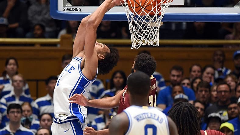 Dec 3, 2022; Durham, North Carolina, USA; Duke Blue Devils center Dereck Lively (1) dunks during the first half against the Boston College Eagles at Cameron Indoor Stadium. Mandatory Credit: Rob Kinnan-USA TODAY Sports
