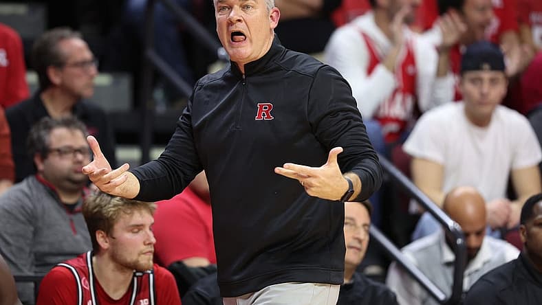 Dec 3, 2022; Piscataway, New Jersey, USA; Rutgers Scarlet Knights head coach Steve Pikiell reacts during the first half against the Indiana Hoosiers at Jersey Mike's Arena. Mandatory Credit: Vincent Carchietta-USA TODAY Sports