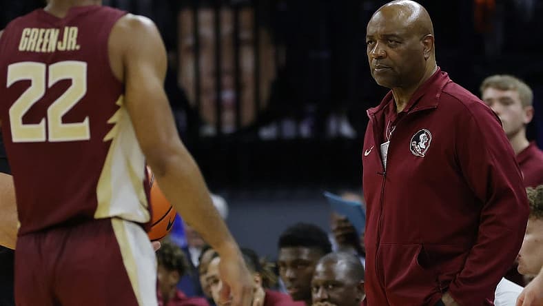 Dec 3, 2022; Charlottesville, Virginia, USA; Florida State Seminoles head coach Leonard Hamilton looks on from the bench against the Virginia Cavaliers in the second half at John Paul Jones Arena. Mandatory Credit: Geoff Burke-USA TODAY Sports
