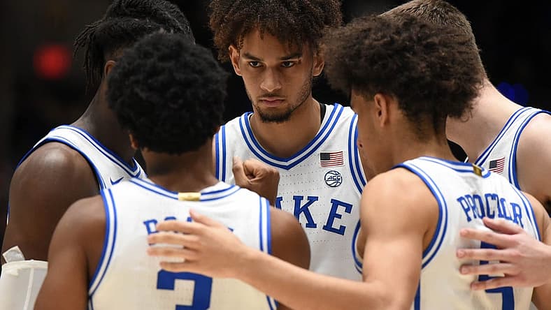 Dec 3, 2022; Durham, North Carolina, USA; Duke Blue Devils center Dereck Lively (center) and other starters huddle prior to a game against the Boston College Eagles at Cameron Indoor Stadium. Mandatory Credit: Rob Kinnan-USA TODAY Sports
