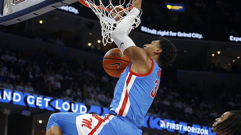 Dec 3, 2022; Memphis, Tennessee, USA; Mississippi Rebels forward Myles Burns (3) dunks during the second half against the Memphis Tigers at FedExForum. Mandatory Credit: Petre Thomas-USA TODAY Sports