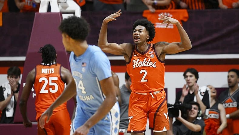 Dec 4, 2022; Blacksburg, Virginia, USA; Virginia Tech Hokies guard Michael Collins Jr. (2) reacts to his first half basket against the North Carolina Tar Heels at Cassell Coliseum. Mandatory Credit: Lee Luther Jr.-USA TODAY Sports