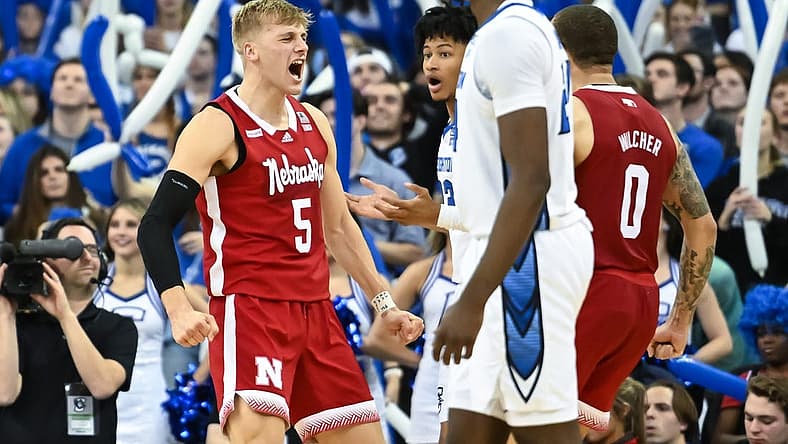 Dec 4, 2022; Omaha, Nebraska, USA; Nebraska Cornhuskers guard Sam Griesel (5) reacts after scoring against the Creighton Bluejays in the second half at CHI Health Center Omaha. Mandatory Credit: Steven Branscombe-USA TODAY Sports