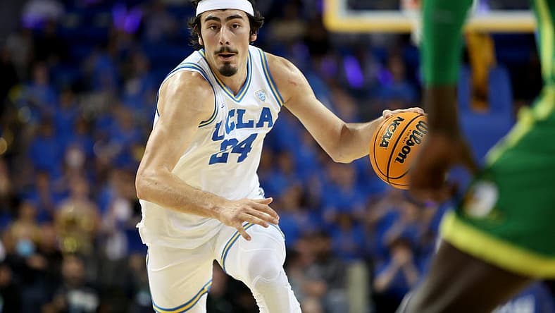 Dec 4, 2022; Los Angeles, California, USA; UCLA Bruins guard Jaime Jaquez Jr. (24) dribbles a ball during the second half against the Oregon Ducks at Pauley Pavilion presented by Wescom. Mandatory Credit: Kiyoshi Mio-USA TODAY Sports