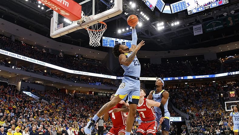 Dec 3, 2022; Milwaukee, Wisconsin, USA; Marquette Golden Eagles forward David Joplin (23) during the game against the Wisconsin Badgers at Fiserv Forum. Mandatory Credit: Jeff Hanisch-USA TODAY Sports