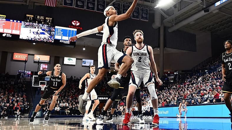 Dec 5, 2022; Spokane, Washington, USA; Gonzaga Bulldogs guard Nolan Hickman (11) shoots the ball against the Kent State Golden Flashes in the first half at McCarthey Athletic Center. Mandatory Credit: James Snook-USA TODAY Sports